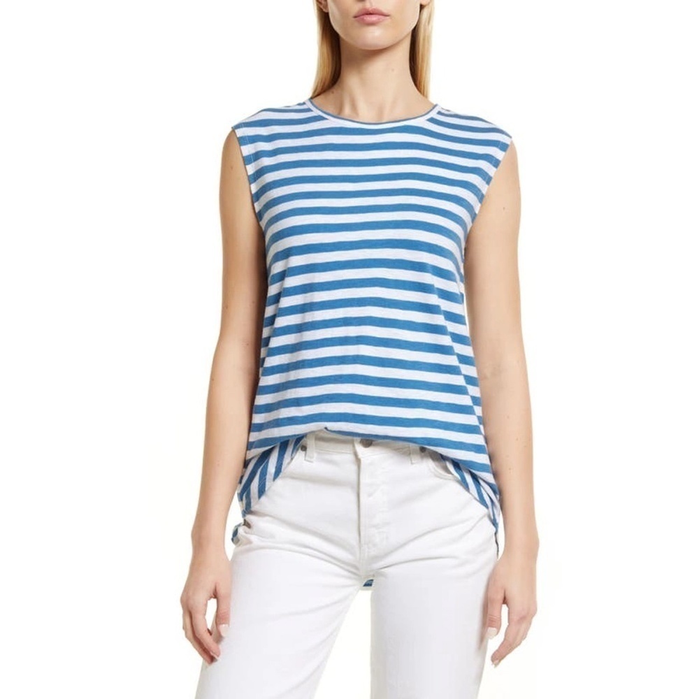 Nordstrom Caslon Top Tank Stripe Keyhole Back Cotton Shirt Blouse Tunic NWOT